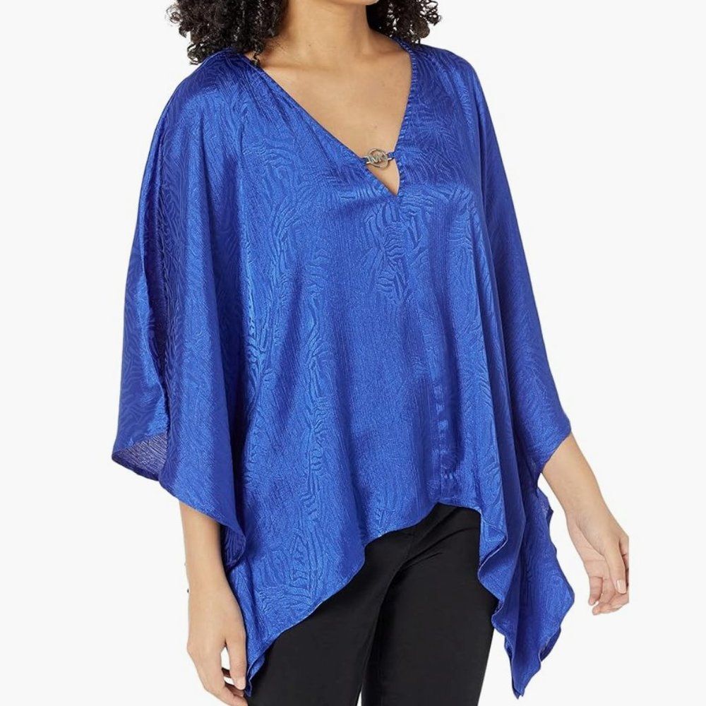 NWT MICHAEL KORS Royal Blue Zebra Plisse Handkerchief Hem Poly Top/Tunic Sm/Med